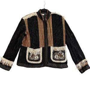 Yak Magik Jacket Womens Medium Black Brown Patchwork Embroidered Boho Applique